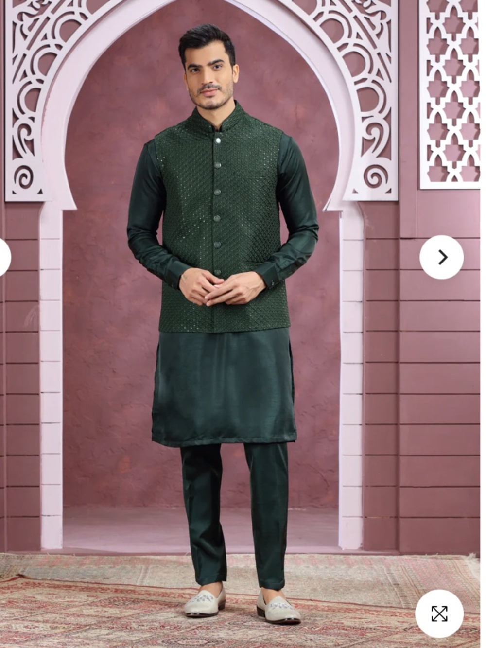 Forest Green Silk Sequins Waistcoat/ Bandi Kurta Set